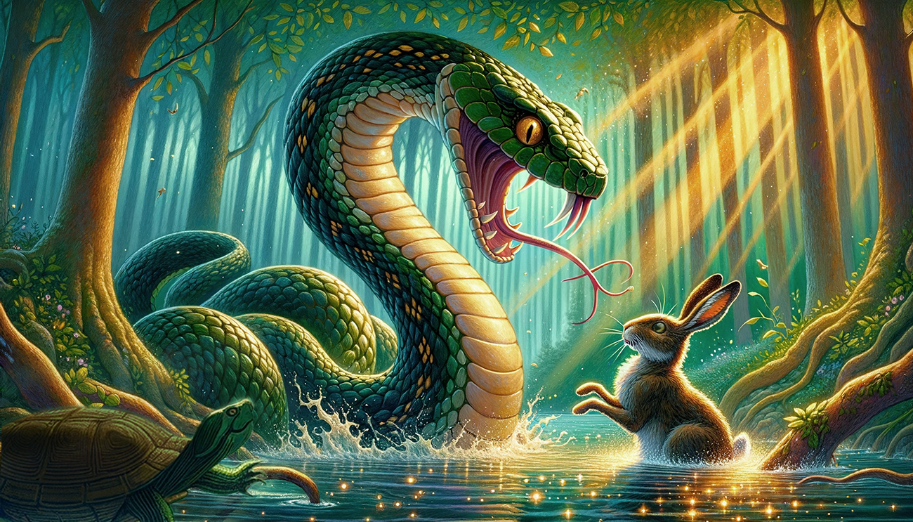 Dall·e 2024 03 11 04.03.46 Create An Image In The Style Of The Provided Illustration, Which Features A Giant Water Snake Preparing To Attack A Hare In The Water. The Entire Scen
