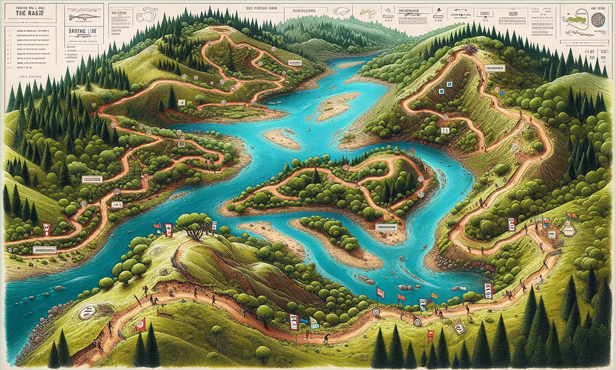 Dall·e 2024 03 11 17.09.12 A Map Of The Forest Race, Depicted In A Realistic Hand Drawn Style, Shows A Unique Course That Splits Evenly Between Land And River. The Map Details A